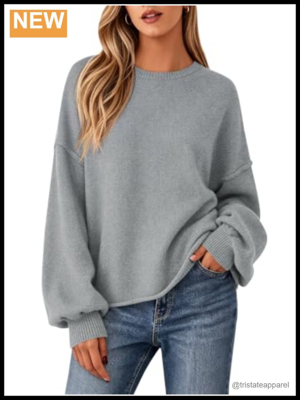 Oversized Slouchy Crewneck Knit Pullover Sweater with Drop Shoulder & Exposed